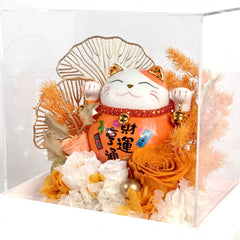 Maneki-Neko 招き猫 Flower Box, Orange (Wealth Luck All Ways) - Flower - Preserved Flowers & Fresh Flower Florist Gift Store