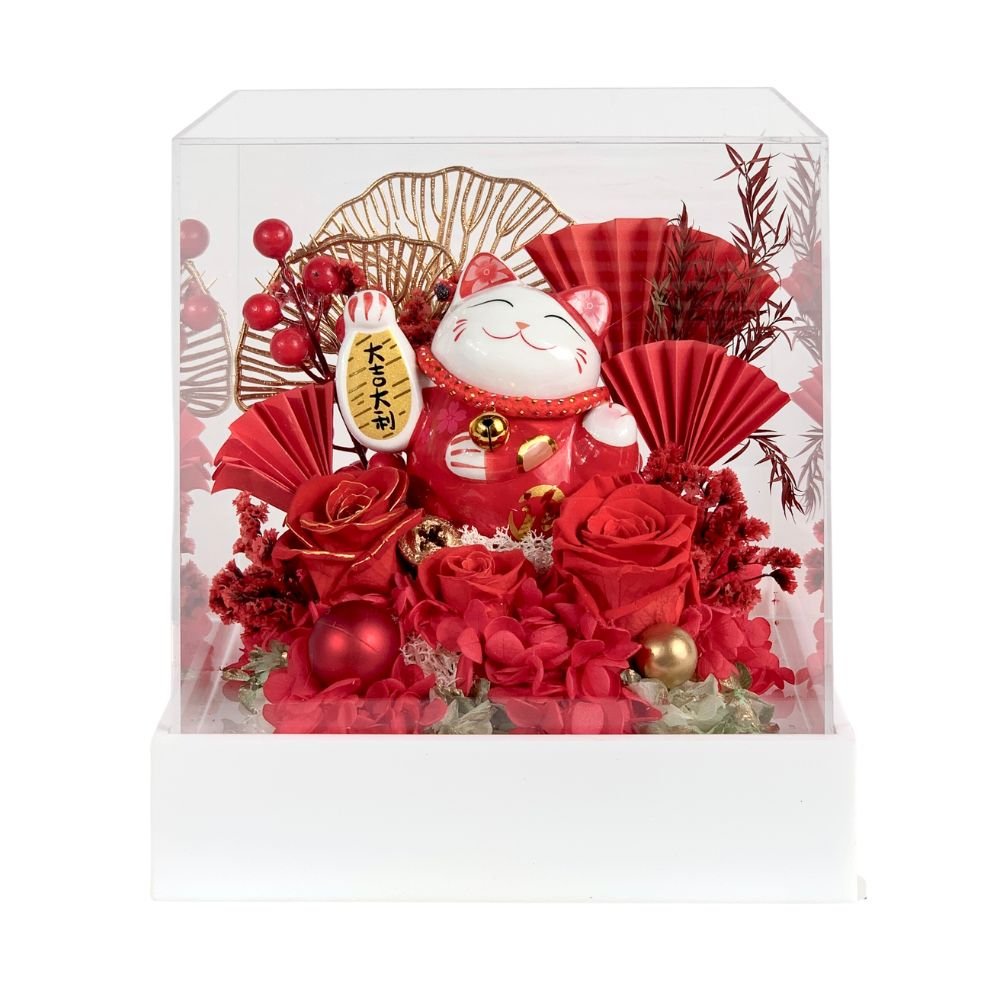 Maneki-Neko 招き猫 Flower Box, Red (Good Fortune) - Flower - Preserved Flowers & Fresh Flower Florist Gift Store