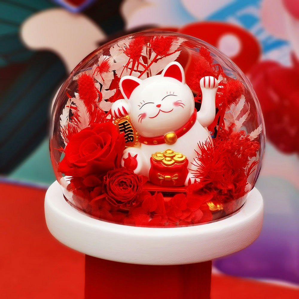 Maneki-Neko 招き猫 Fortune Cat (Good Fortune) - Flower - Red 招き猫 - Preserved Flowers & Fresh Flower Florist Gift Store