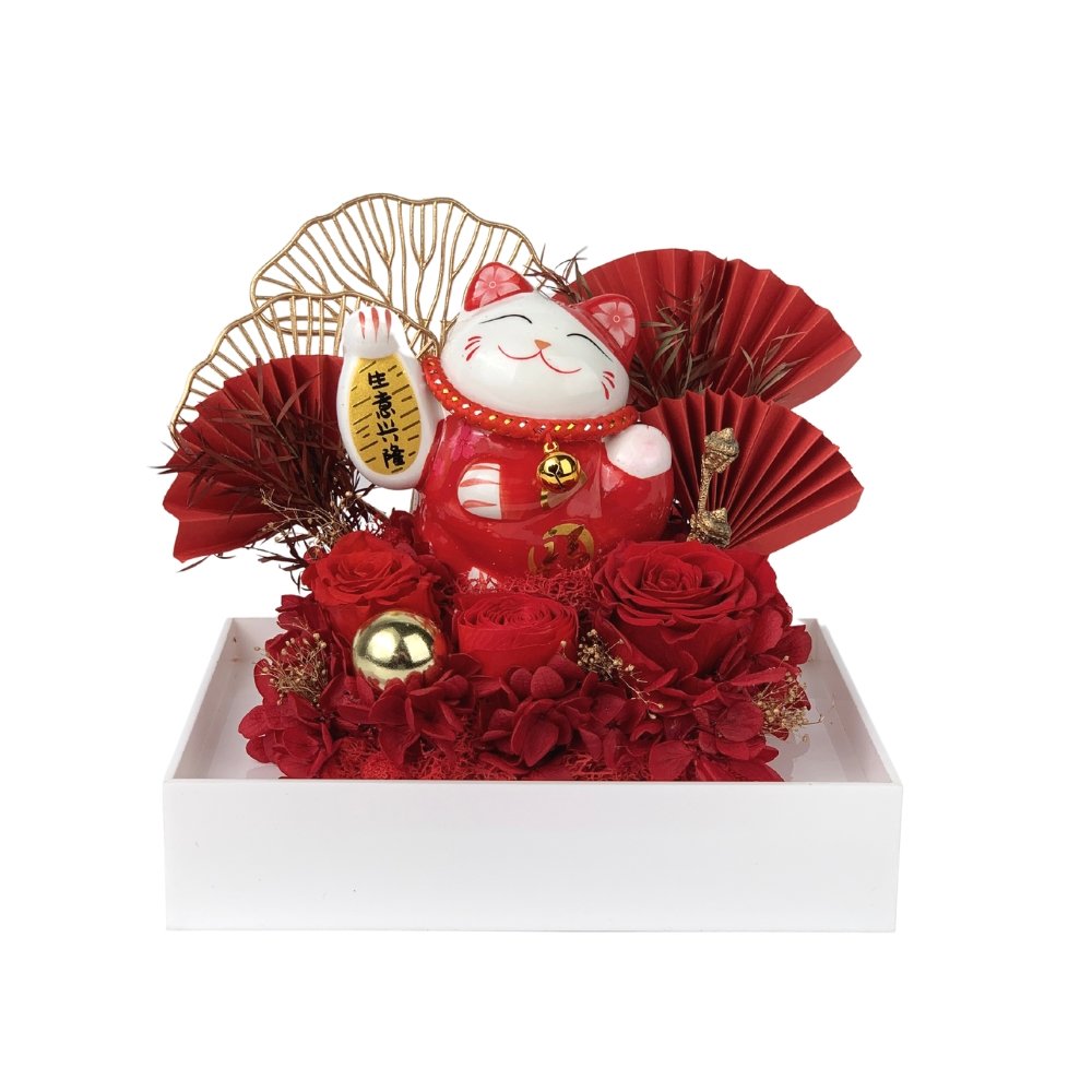 Maneki-Neko 招き猫 Preserved Flower Box, Red - Flower - Preserved Flowers & Fresh Flower Florist Gift Store